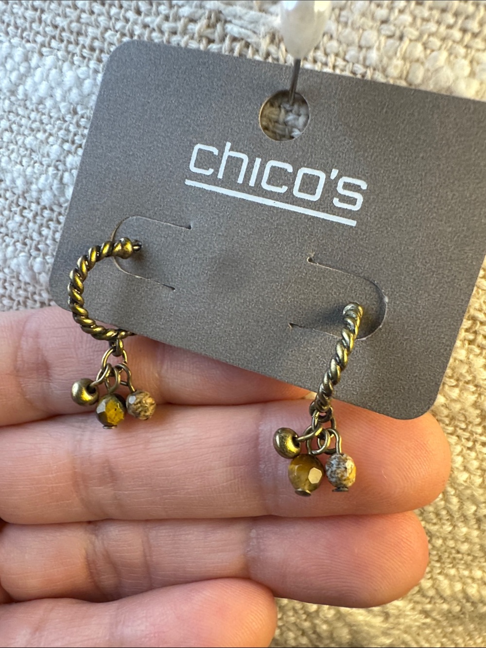 0120-Chico's Twisted Brass Hoop Earrings with Yellow Beads
